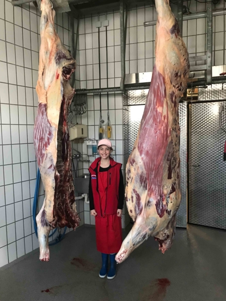 Mädchen zwischen Kuhhälften in Metzgerei