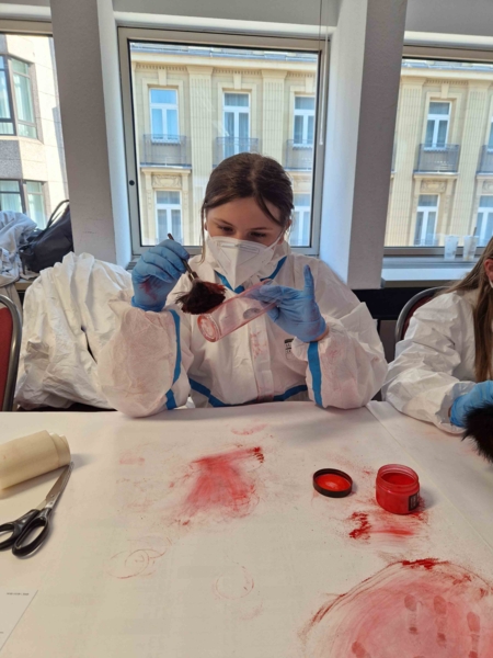 Mädchen in Schutzkleidung experimentiert mit Farbpulver